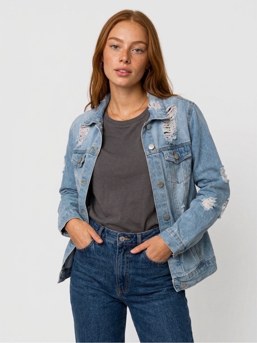 Light Washed Distressed Women's Denim Jacket - Casual Layering